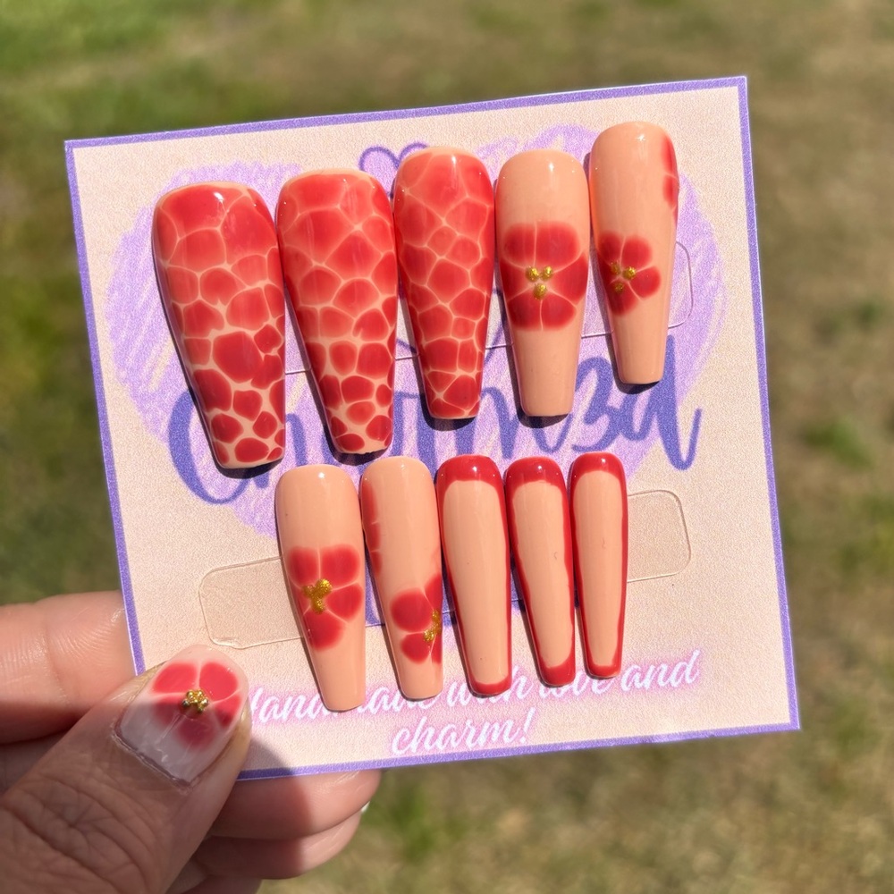 Red and Peach Floral Press-On Nails, Long Coffin Press On Nail set, Spring Nails